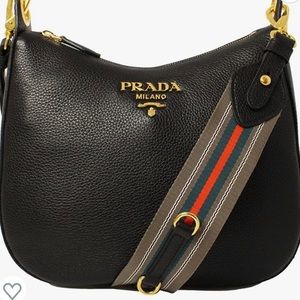 Prada Black Vitello Phenix Leather Web Stripe adjustable Strap Crossbody 1BC166